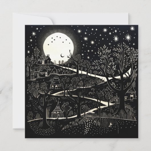 白黒クリスマスナイトイラストレーション抽象芸術 シーズンカード (正面)