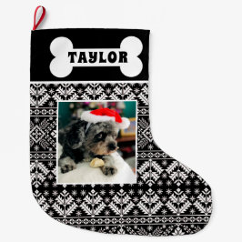 白黒クリスマスフェア島犬の骨 ラージクリスマスストッキング
