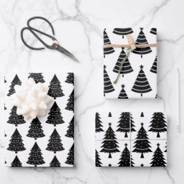 白黒クリスマスホリデーツリーパターン ラッピングペーパーシート