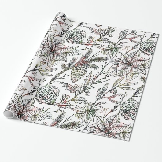 白黒クリスマスホリーパターン ラッピングペーパー (アンロールド)