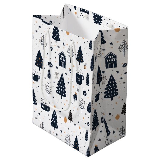 白黒クリスマスモダンのミニマル休日 ミディアムペーパーバッグ (正面アングル)