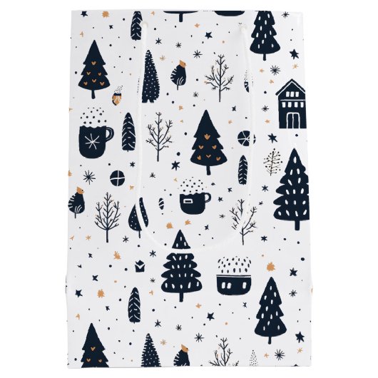 白黒クリスマスモダンのミニマル休日 ミディアムペーパーバッグ (裏面)