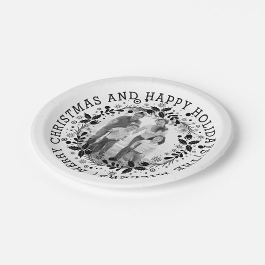 白黒クリスマスリースと写真 ペーパープレート (アングル)