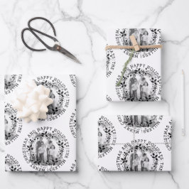 白黒クリスマスリースと写真 ラッピングペーパーシート