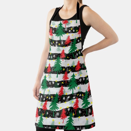 白黒クリスマス雪ストライプ雪の赤い緑の木 エプロン (インサイチュ)