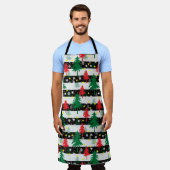 白黒クリスマス雪ストライプ雪の赤い緑の木 エプロン (着用した状態)
