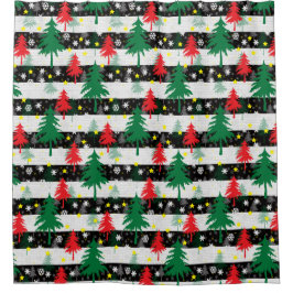 白黒クリスマス雪ストライプ雪の赤い緑の木 シャワーカーテン