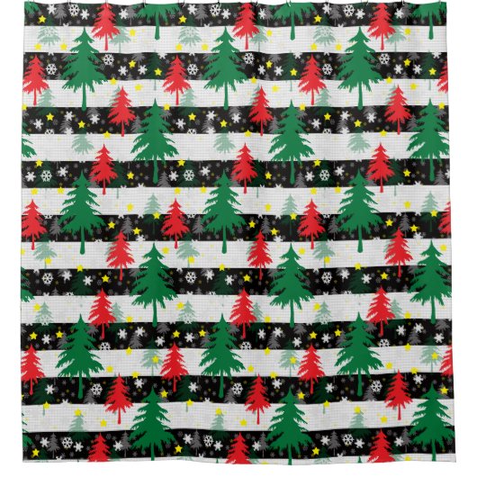 白黒クリスマス雪ストライプ雪の赤い緑の木 シャワーカーテン (正面)