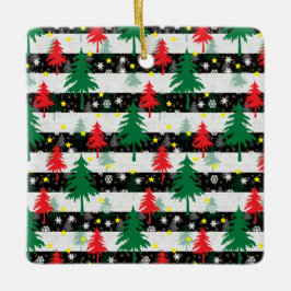 白黒クリスマス雪ストライプ雪の赤い緑の木 セラミックオーナメント
