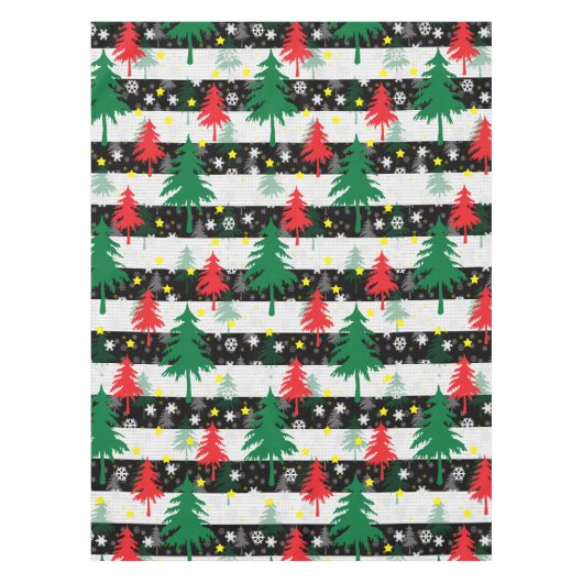 白黒クリスマス雪ストライプ雪の赤い緑の木 テーブルクロス (正面)