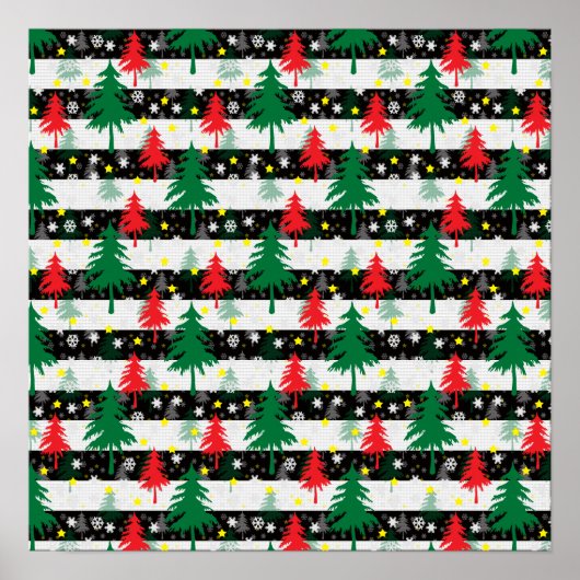 白黒クリスマス雪ストライプ雪の赤い緑の木 ポスター (正面)