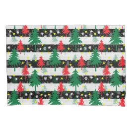 白黒クリスマス雪ストライプ雪の赤い緑の木 枕カバー