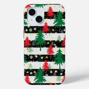 白黒クリスマス雪ストライプ雪の赤い緑の木 iPhone 15ケース