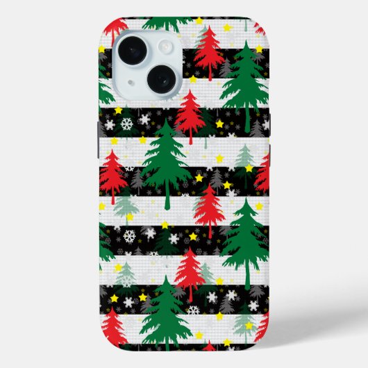 白黒クリスマス雪ストライプ雪の赤い緑の木 Case-Mate iPhoneケース (裏面)