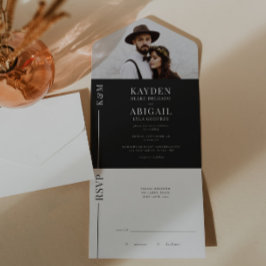 白黒クリーンライン結婚式招待状 オールインワン招待状