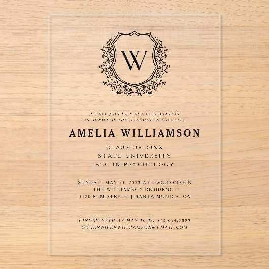 白黒クレストモノグラム卒業パーティー アクリル招待状 (正面)