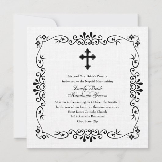 白黒クロスカトリック結婚式招待状 招待状 (正面)