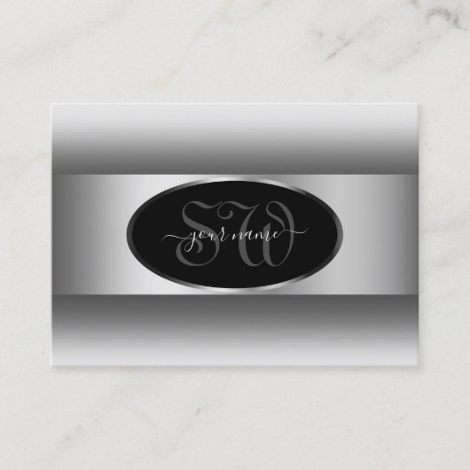 白黒グラデーションイニシャル楕円形シルバーフレーム 名刺 (正面)