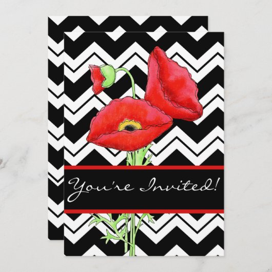 白黒グラフィックシェブロンジザグレッドポピーブラック 招待状 (正面/裏面)