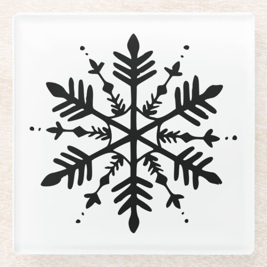 白黒グラフィックミニマルスノーフレーク ガラスコースター (正面)