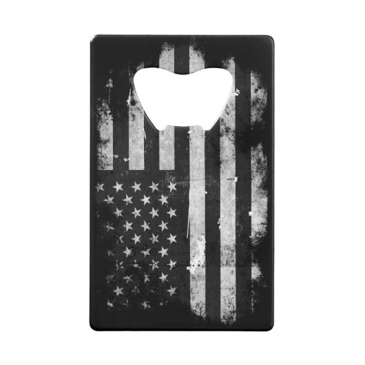白黒グランジな米国旗 クレジットカード栓抜き (正面)