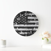 白黒グランジな米国旗 ラージ壁時計 (ホーム)
