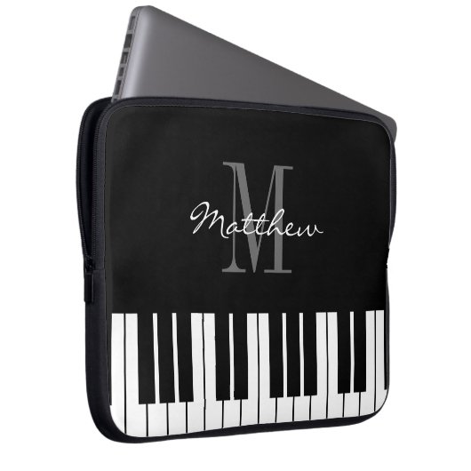 白黒グランドピアノ鍵カスタムモノグラム ラップトップスリーブ (正面右)