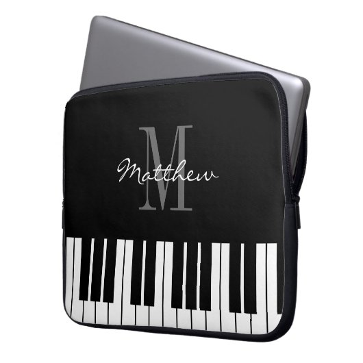白黒グランドピアノ鍵カスタムモノグラム ラップトップスリーブ (正面左)