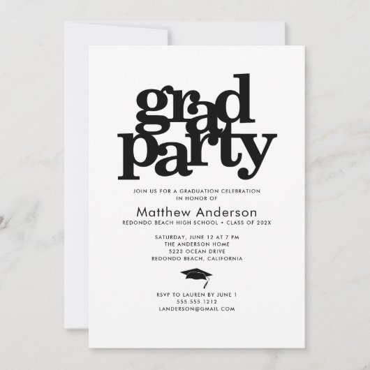 白黒グラードパーティーモダンはっきりしたタイポグラフィ 招待状 (正面)