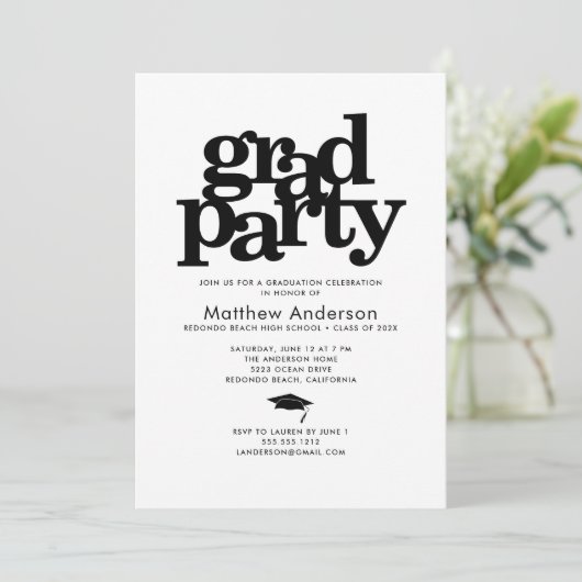 白黒グラードパーティーモダンはっきりしたタイポグラフィ 招待状 (スタンド正面)
