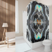 白黒グリッターアルコールインク背景モノグラム シャワーカーテン