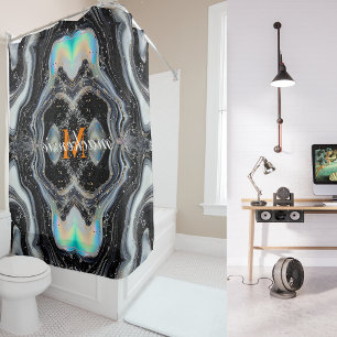 白黒グリッターアルコールインク背景モノグラム シャワーカーテン