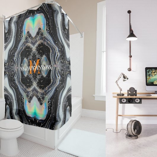 白黒グリッターアルコールインク背景モノグラム シャワーカーテン
