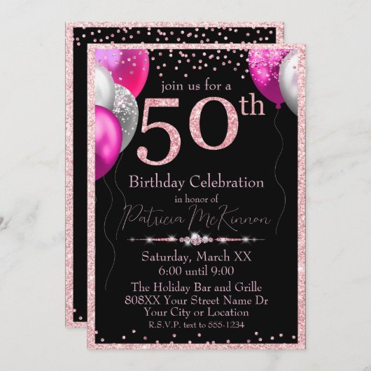 白黒グリッターバルーン50誕生日 招待状 (正面/裏面)