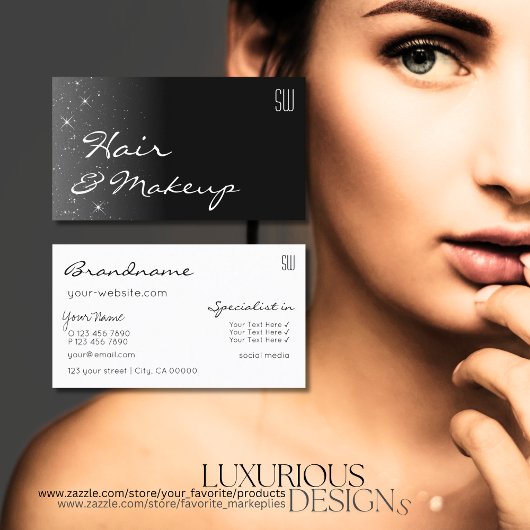 白黒グリッター星モノグラムモダン 名刺