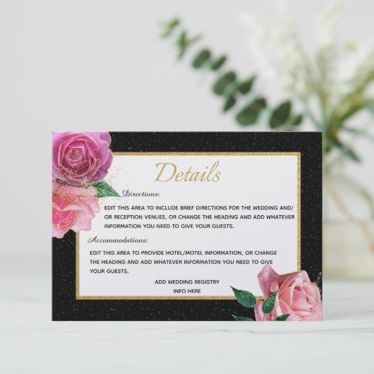 白黒グリッター&ピンクローズと金ゴールド詳細 エンクロージャーカード (スタンド正面)