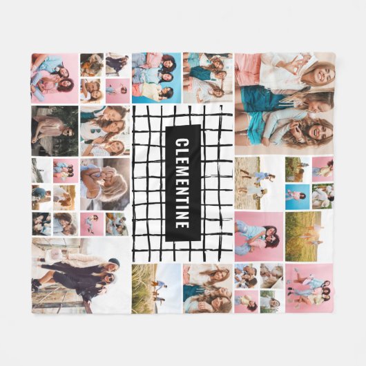 白黒グリッド34写真モダンミニマルスタイリッシュ フリースブランケット (正面(横))