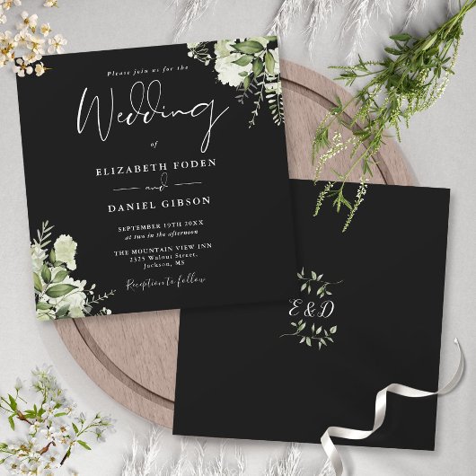 白黒グリーナリーモノグラム結婚スクエア 招待状