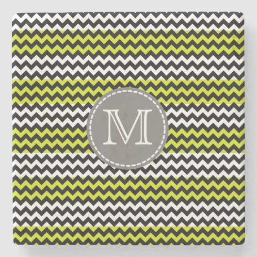 白黒グリーンシェブロンジグザグモノグラム ストーンコースター (正面)