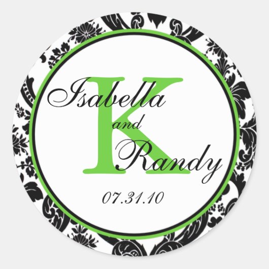 白黒グリーンダマスクウェディングのお気に入り ラウンドシール (正面)