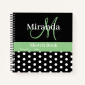 白黒グリーンモノグラム水玉模様スケッチ ノートブック (正面)