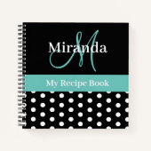 白黒グリーンモノグラム水玉模様レシピ ノートブック (正面)