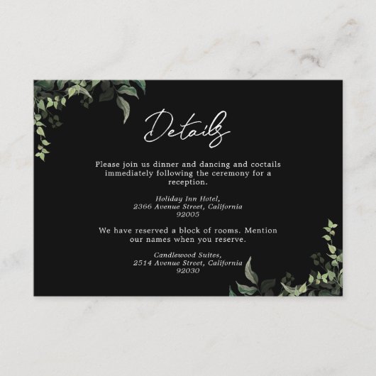 白黒グリーンリーボタニカルウォーター結婚カラー エンクロージャーカード (正面)