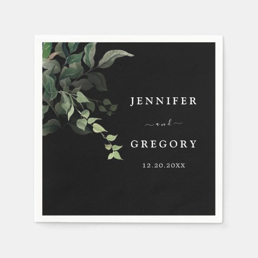 白黒グリーンリーボタニカルウォーター結婚カラー スタンダードカクテルナプキン (正面)