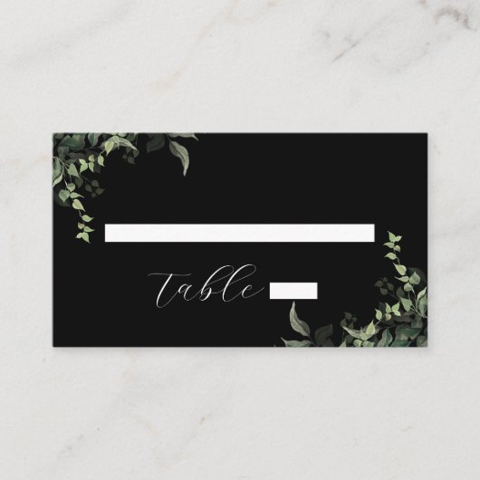 白黒グリーンリーボタニカルウォーター結婚カラー プレイスカード (正面)