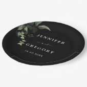 白黒グリーンリーボタニカルウォーター結婚カラー ペーパープレート (アングル)