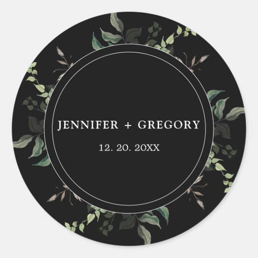 白黒グリーンリーボタニカルウォーター結婚カラー ラウンドシール (正面)