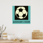 白黒グレイティール(緑がかった色)ブルーサッカーボール名前をカスタムする ポスター (キッチン)