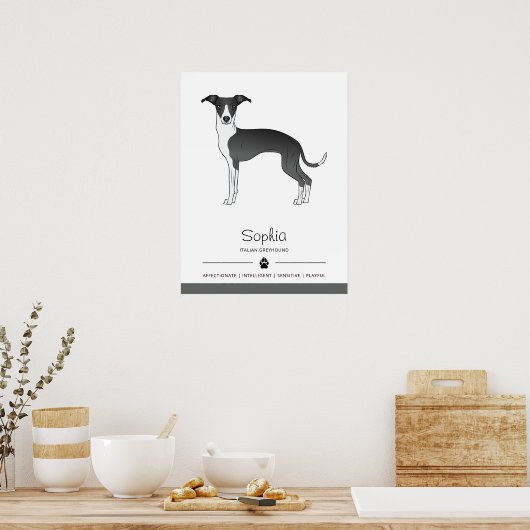 白黒グレイハウンドイタリアンとカスタム文字 ポスター (キッチン)