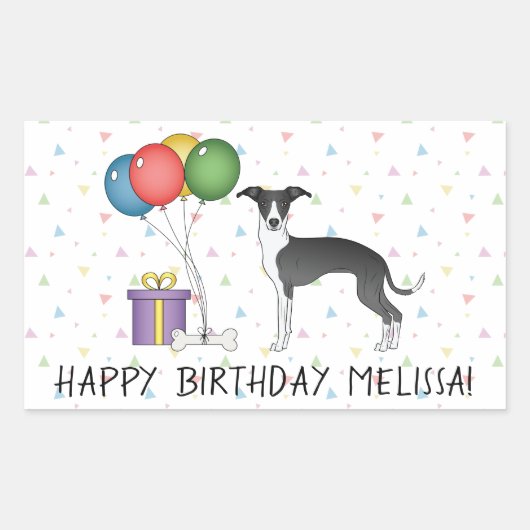 白黒グレイハウンドイタリアン-ハッピーバースデー 長方形シール (正面)